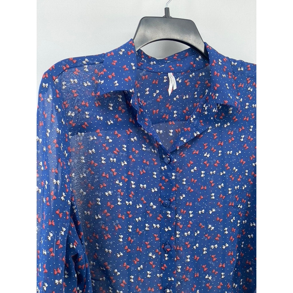 COTTON CANDY Women's Blue Mini Bow Print Button-Up Long Sleeve Sheer Top SZ M