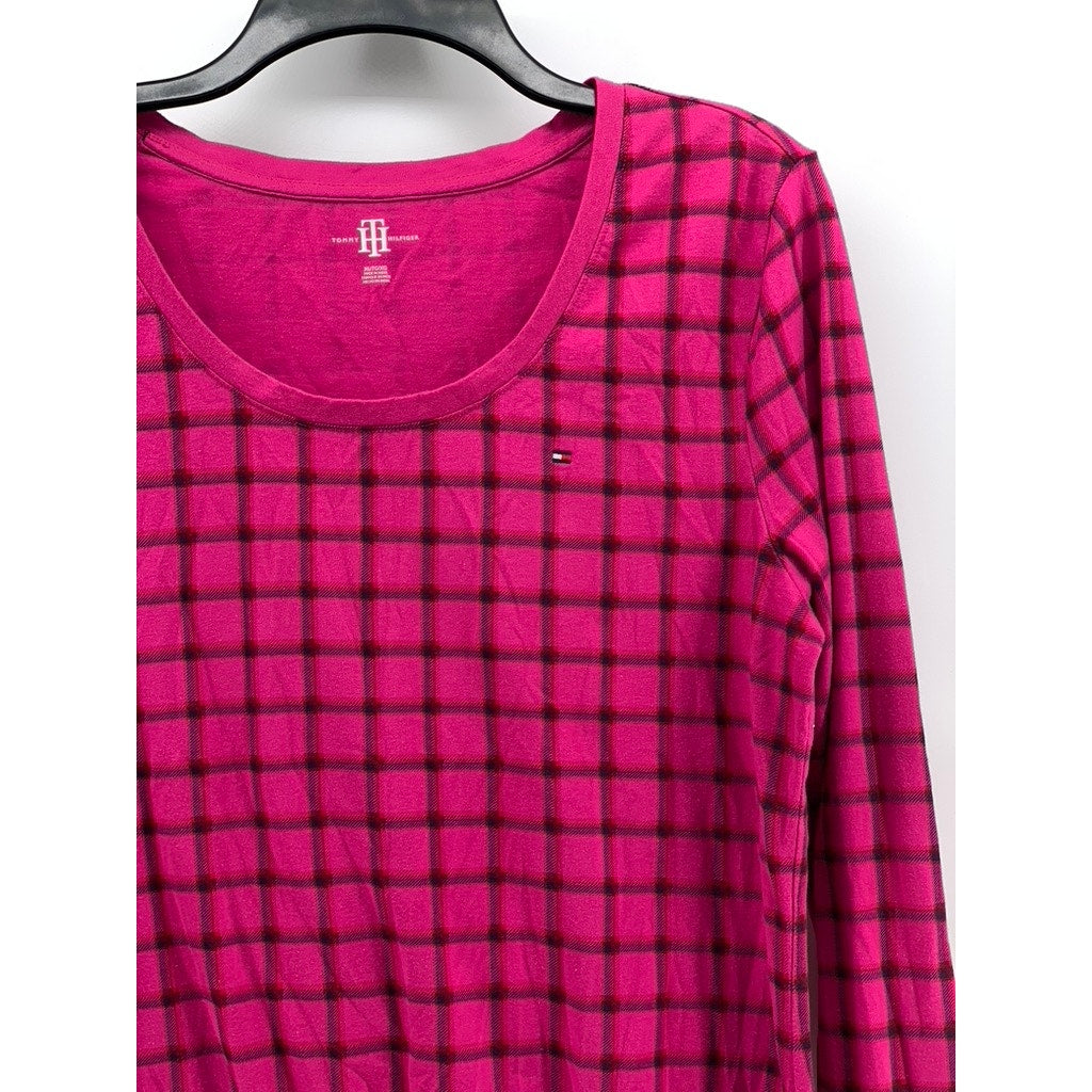 TOMMY HILFIGER Women's Magenta Grid Scoop-Neck Long Sleeve Top SZ XL