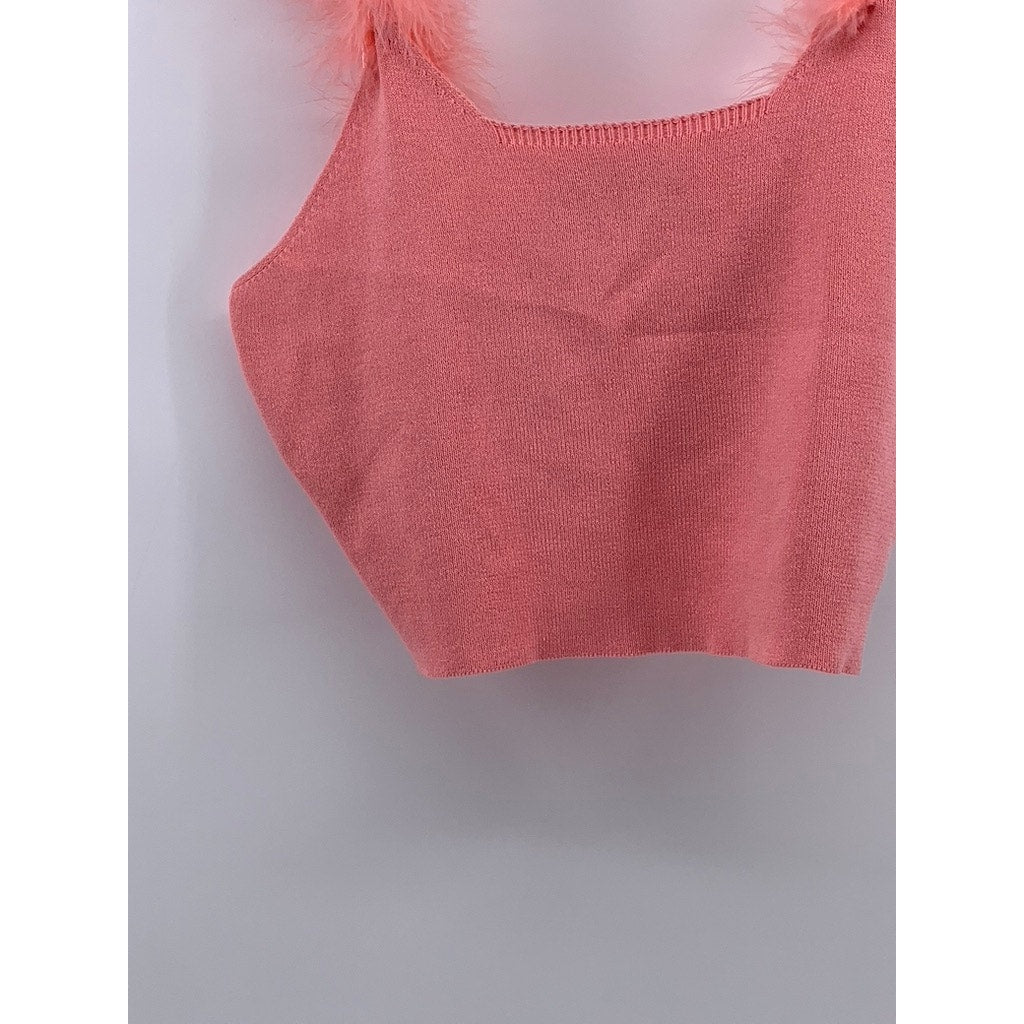 CIDER Women's Light Pink Fuzzy Strap Square-Neck Cropped Tank Top SZ L(8)