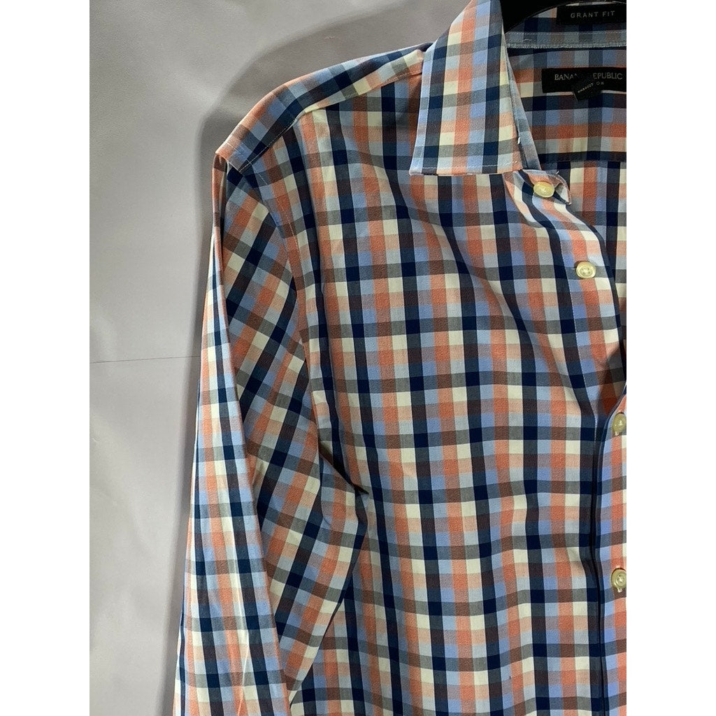 BANANA REPUBLIC Men's Orange/Blue Tri-Tone Gingham Grant Fit Button-Up Shirt SZM