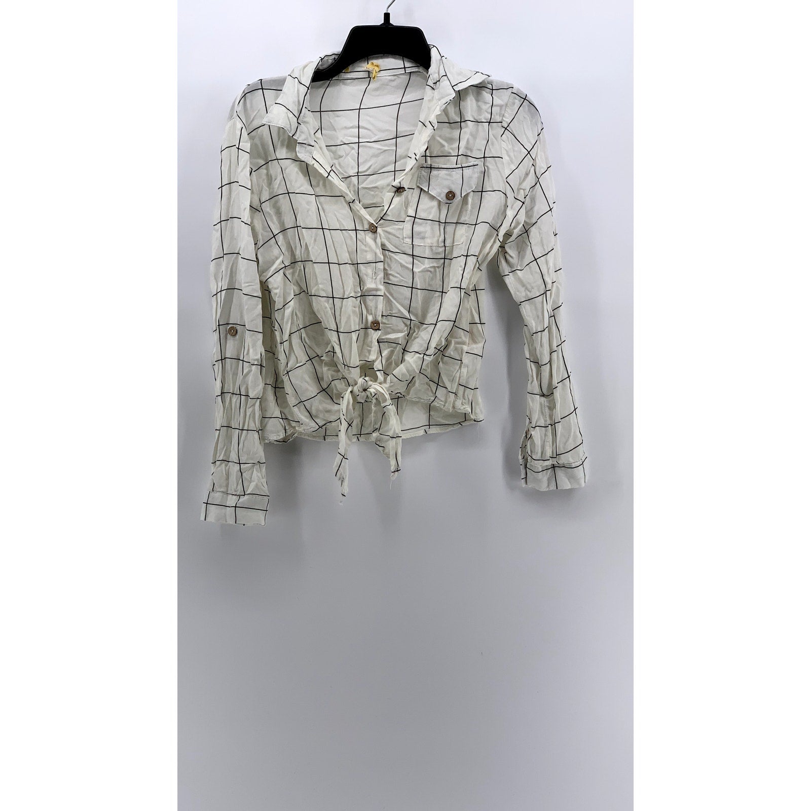 LOVE NOTES Women's White-Black Windowpane Tie-Front Button-Up Top SZ M