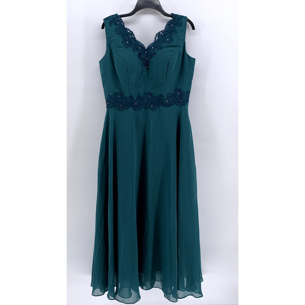 UNBRANDED Women's Dark Green Floral Embroidered Lace Maxi Gown SZ 16