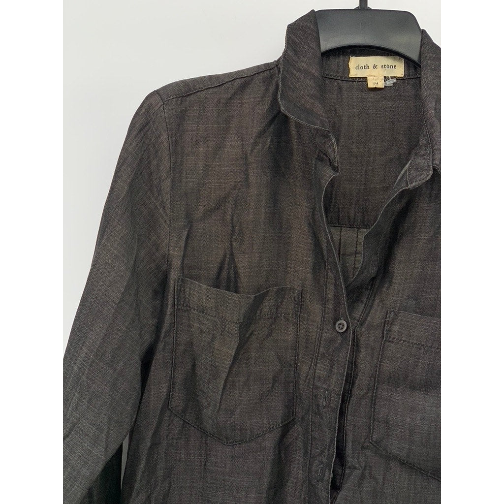 CLOTH & STONE Women's Black Frayed Tencel Button-Up Long Sleeve Top SZ M