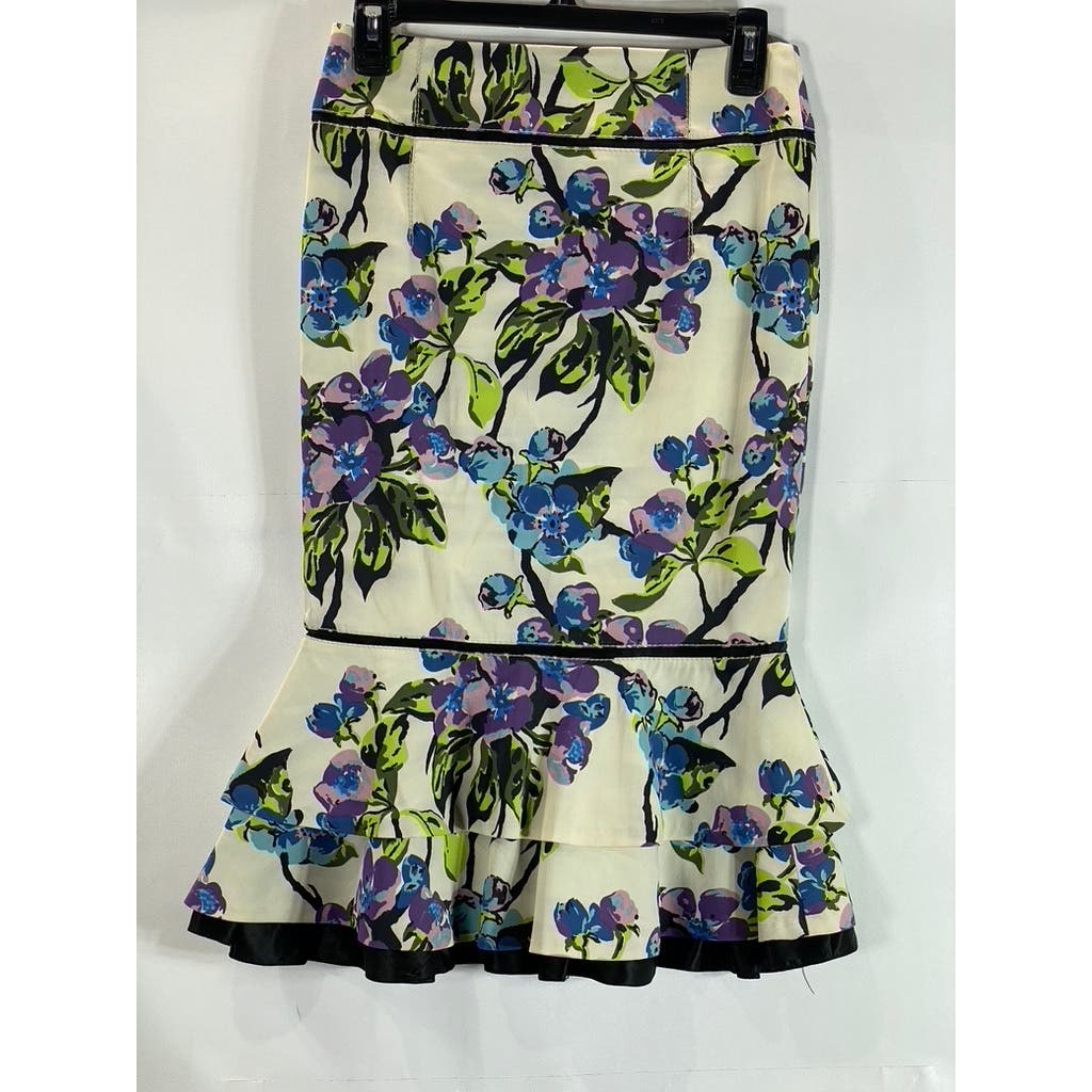 KAREN MILLEN Women's White/Purple Floral Ruffle-Hem Knee Length Skirt SZ 4