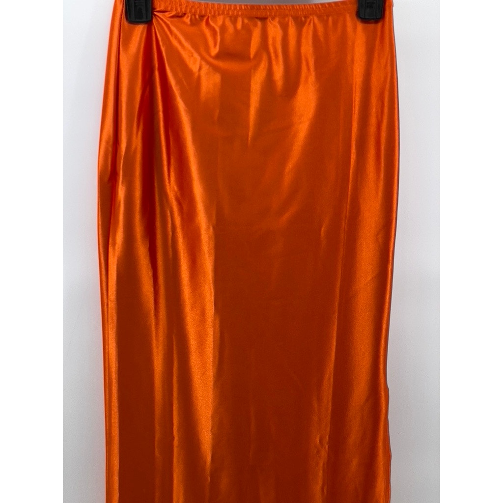 PRETTYLITTLETHING Women's Orange Rust Satin Stretch Side Slit Maxi Skirt SZ 4