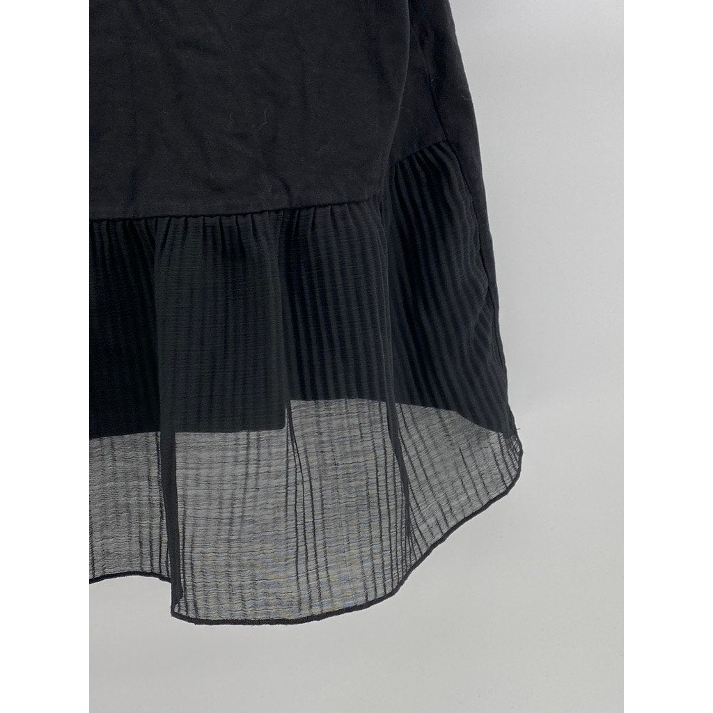 ZARA Women's Black Crewneck Pleated Sheer Hem Short Sleeve Top SZ L