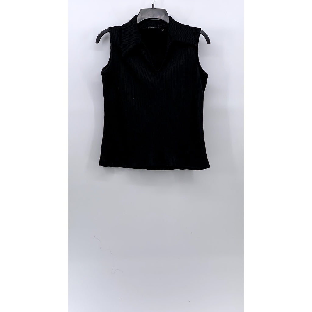 UNBRANDED Women's Black Rib Knit Sleeveless Split Neck Polo Cropped Top SZ S