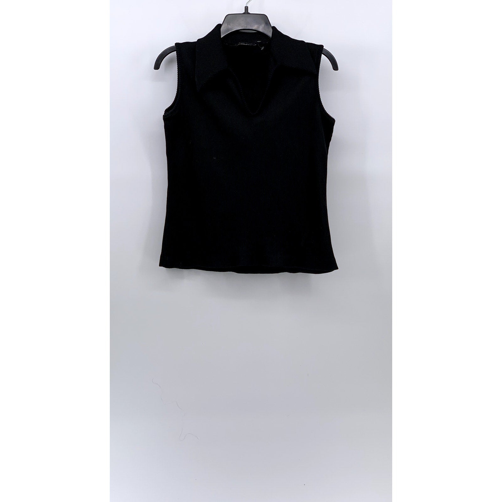 UNBRANDED Women's Black Rib Knit Sleeveless Split Neck Polo Cropped Top SZ S