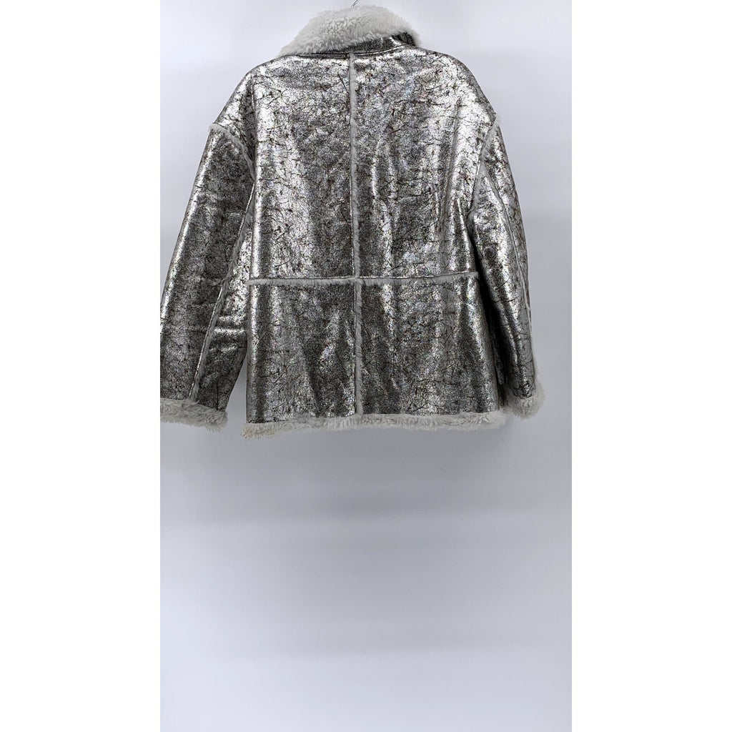 URBAN OUTFITTERS Women's Silver Metallic Faux-Fur Button-Down Coat SZ M