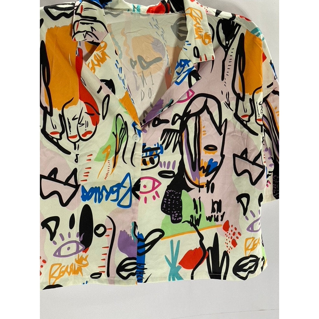 SHEIN Women's White/Multi Graffiti Graphic Button-Up Short Sleeve Crop Top SZ S