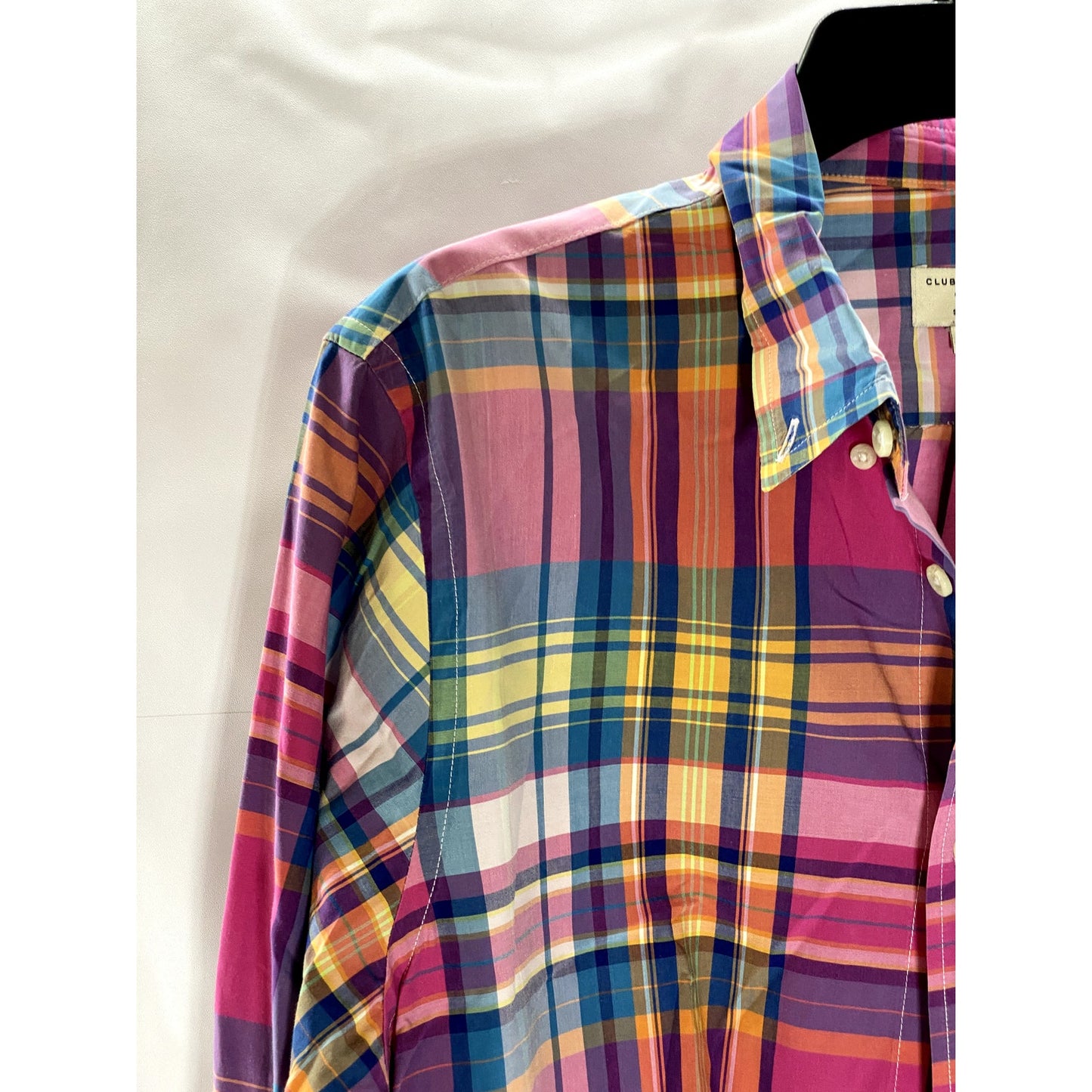 CLUB MONACO Men's Pink-Blue-Yellow Plaid Slim-Fit Button-Up Shirt SZ M