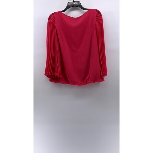 ALFANI Women's Pink Scoop-Neck Pleated Sheer Long Sleeve Bubble-Hem Top SZ 8
