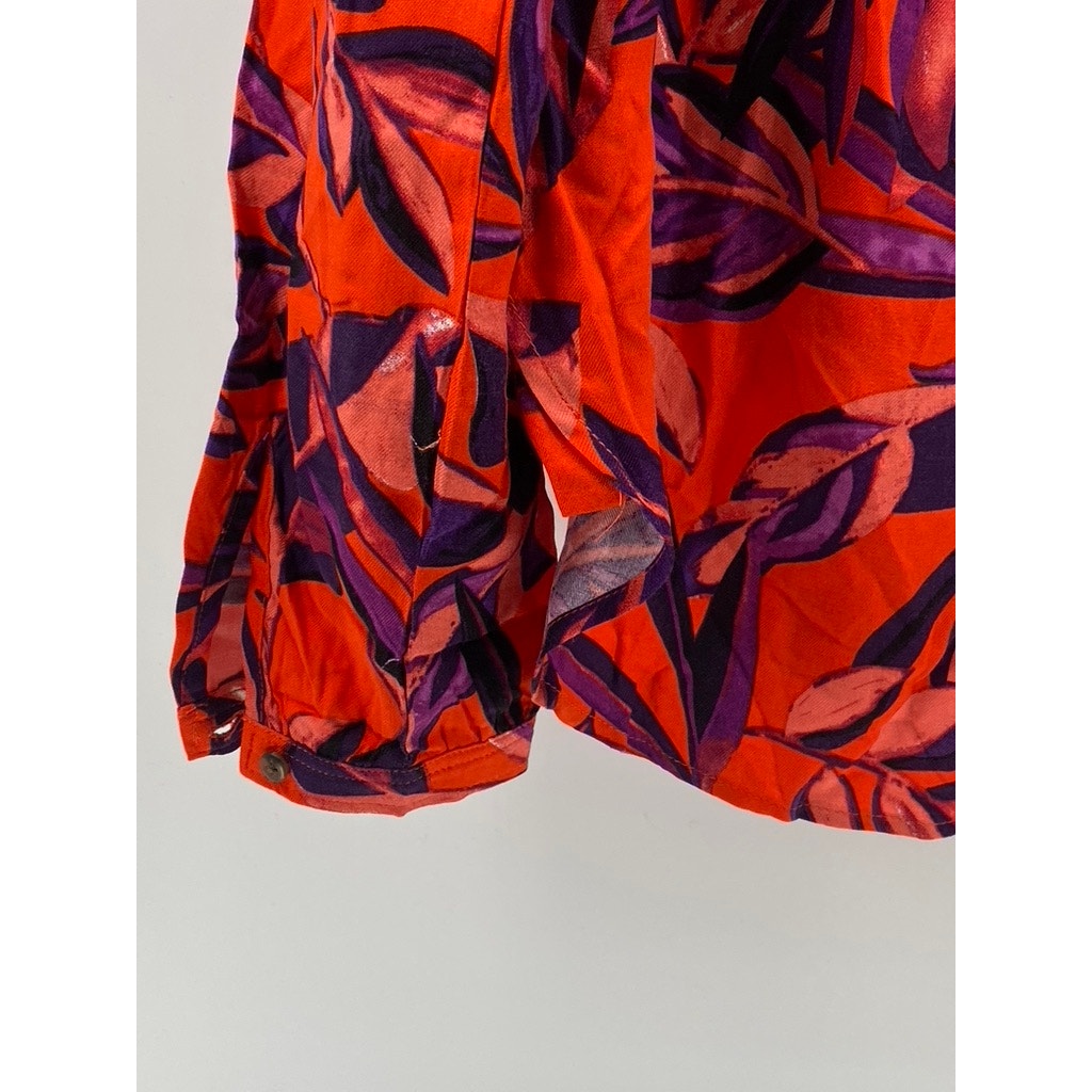 CHELSEA & THEODORE Women's Red Multi Leaf Print Button-Up Long Sleeve Top SZ S