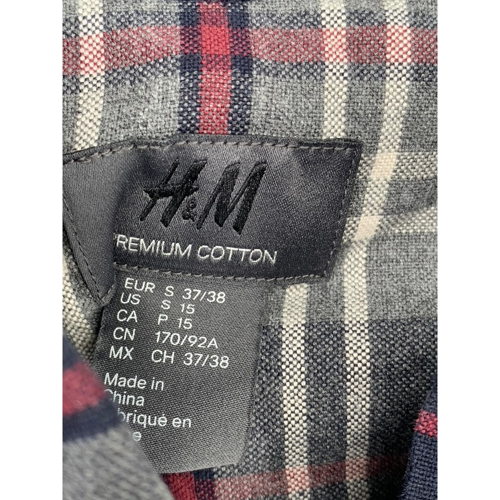 H&M Men's Gray-Navy-Burgundy Regular Fit Plaid Button-Up Long Sleeve Shirt SZ S
