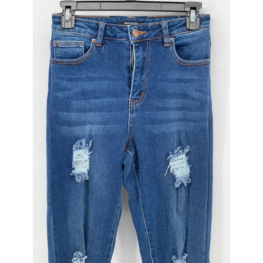 AMERICAN BAZI Women's Blue Denim Y2K Streetwear Distressed High-Rise Jeans SZ 26