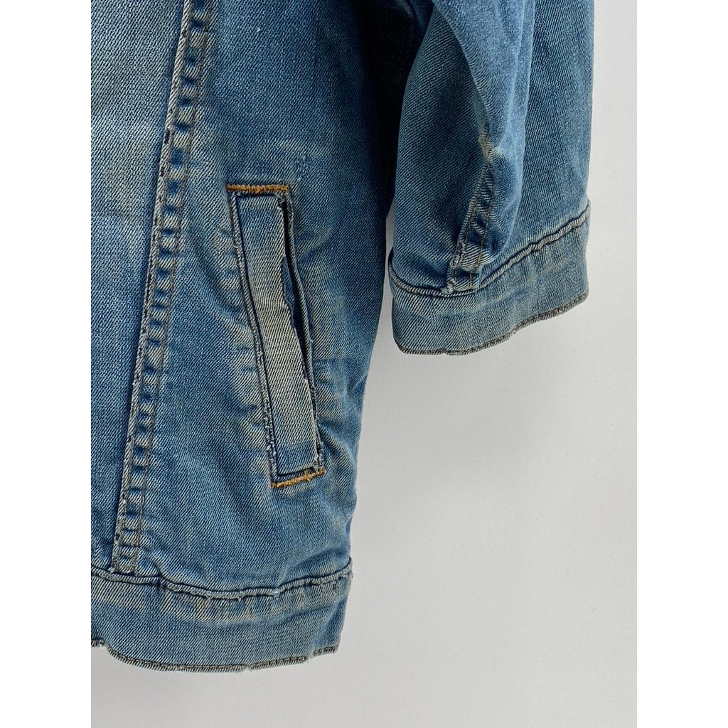 D-ID Women's Blue Distressed Button-Up Long Sleeve Jean Jacket SZ XS