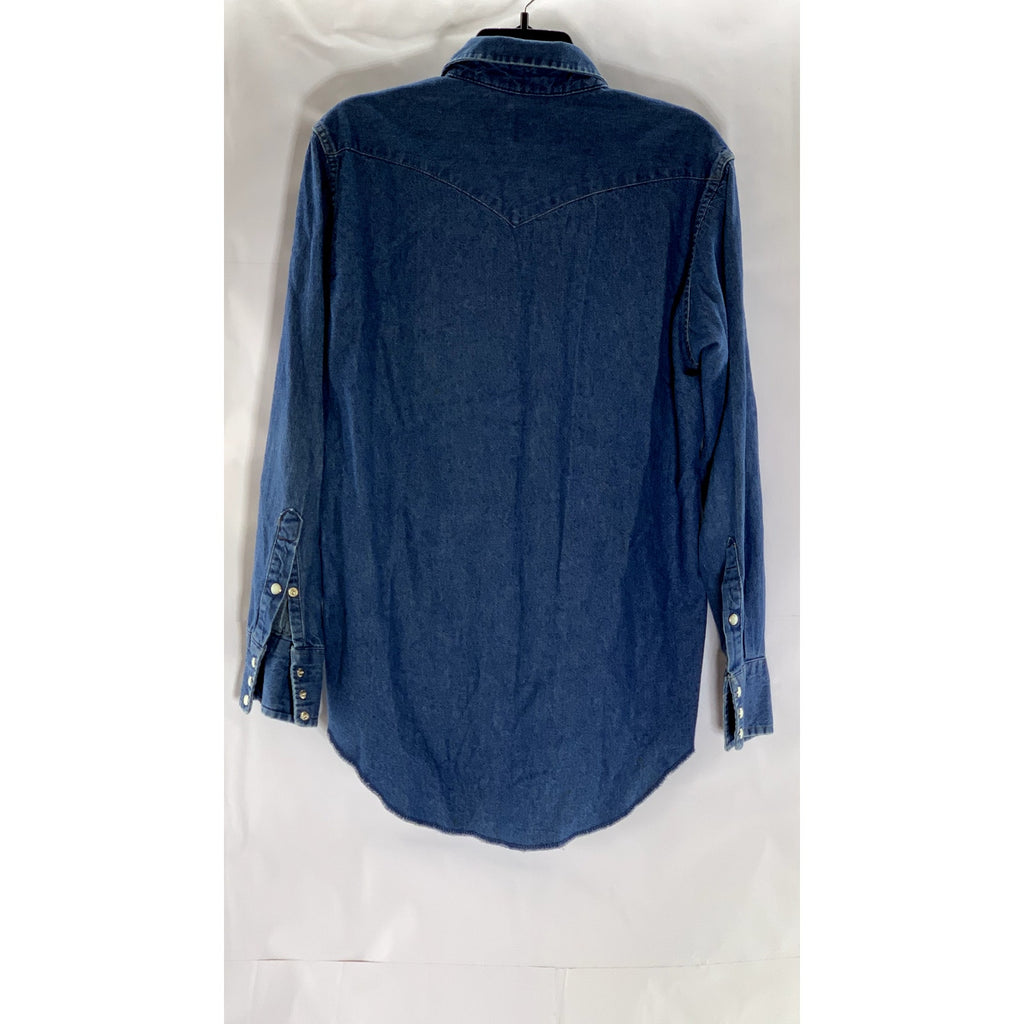 WRANGLER Men's Dark Blue Denim Regular-Fit Distressed Button-Up Shirt SZ 15.5 33