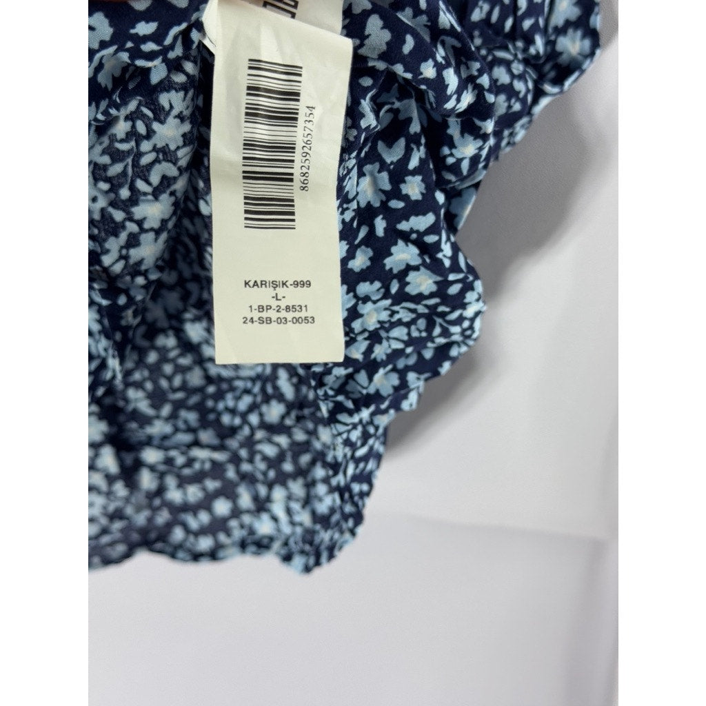 JIMMY KEY Women's Blue Floral V-Neck Surplice Ruffle 3/4 Sleeve Top SZ L