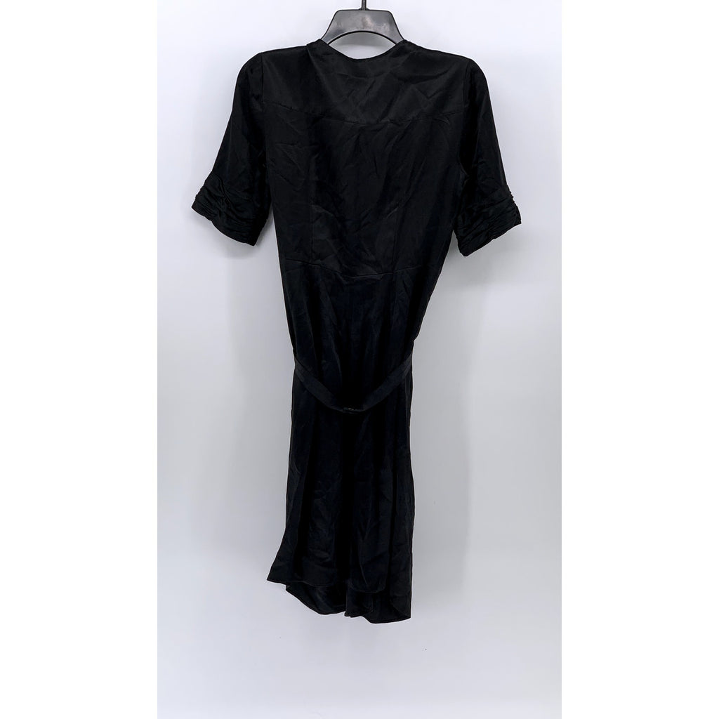 JODI ARNOLD Women's Black Silk Belted Elbow Sleeve Button-Up V-Neck Dress SZ 2