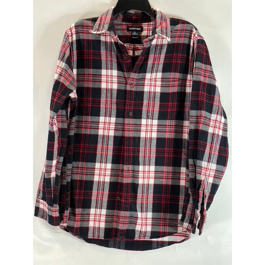 LANDS' END Men's Red/Black Plaid Traditional-Fit Button-Up Long Sleeve Shirt SZM