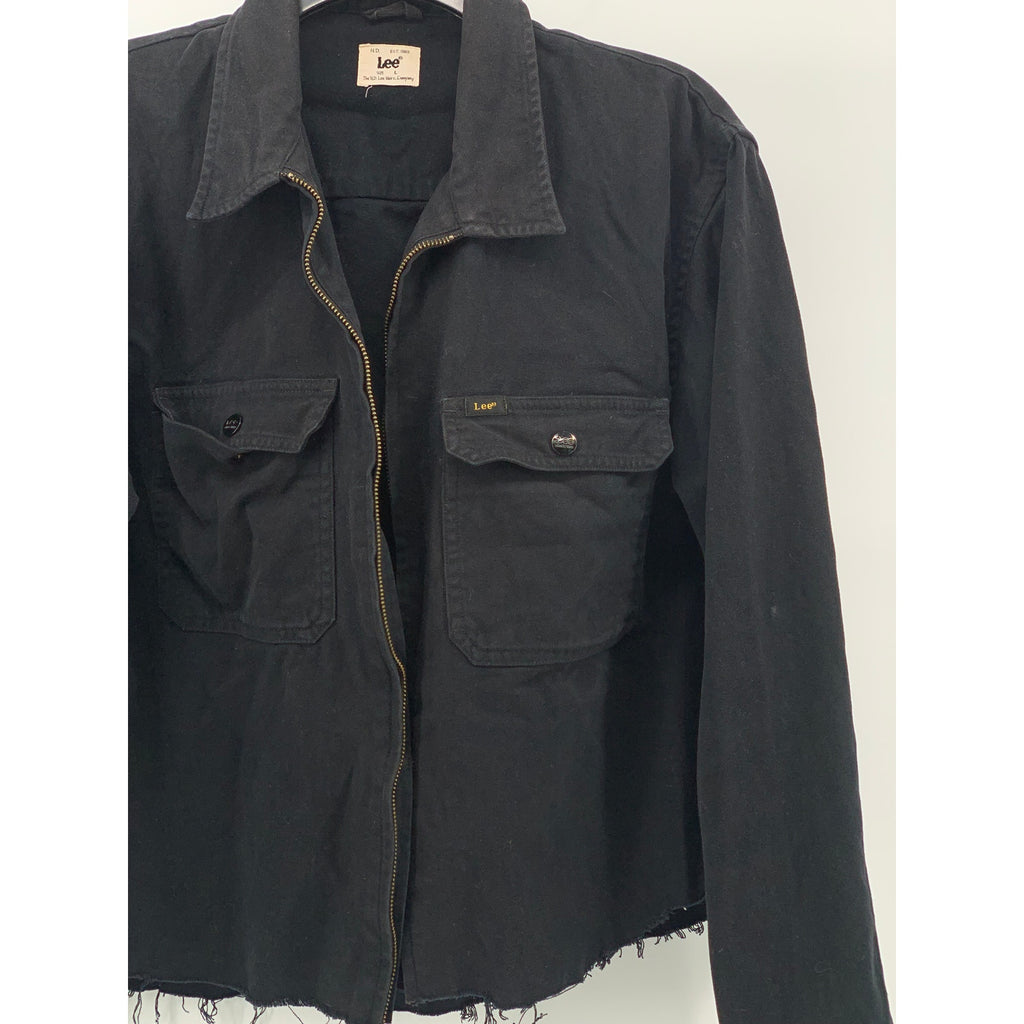 LEE Women’s Black Denim Frayed Cut-Off Hem Zip-Up Cropped Jean Jacket SZ L