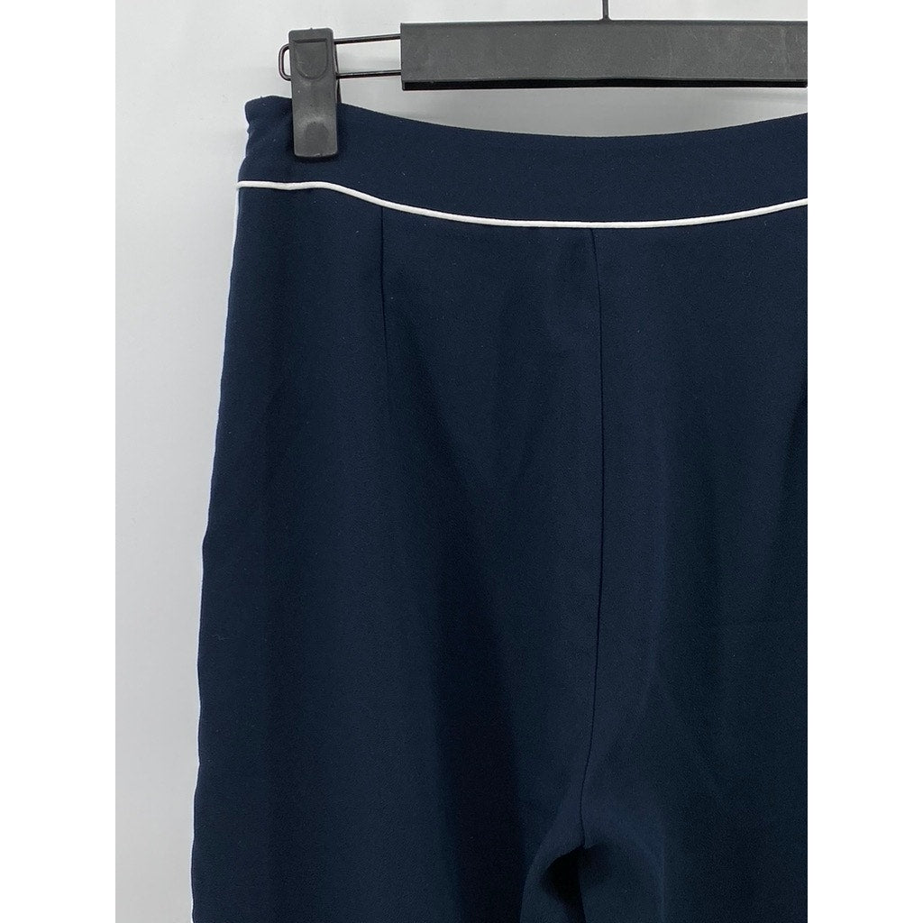 OAK & FORT Women's Navy Blue-White Striped Wide-Leg Side-Zipper Pants SZ 0