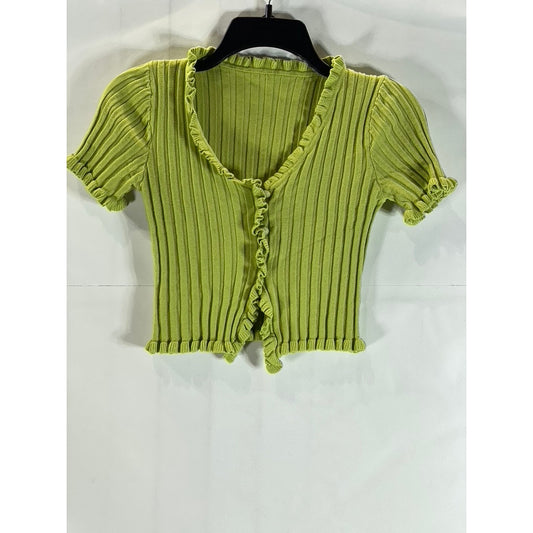 UNBRANDED Women's Green Ribbed Ruffle-Trim Short-Sleeve Crop Top SZ XS