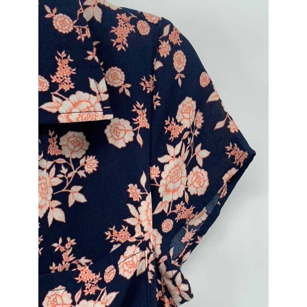 BEBOP Women's Navy-Pink Floral V-Neck Short Sleeve Cutout Maxi Summer Dress SZ M