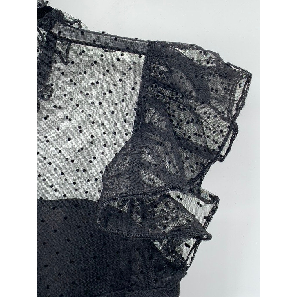 SHEIN Women's Black Lace 1940'S Mesh Insert Wiggle Ruffle Sleeve Dress SZ 6