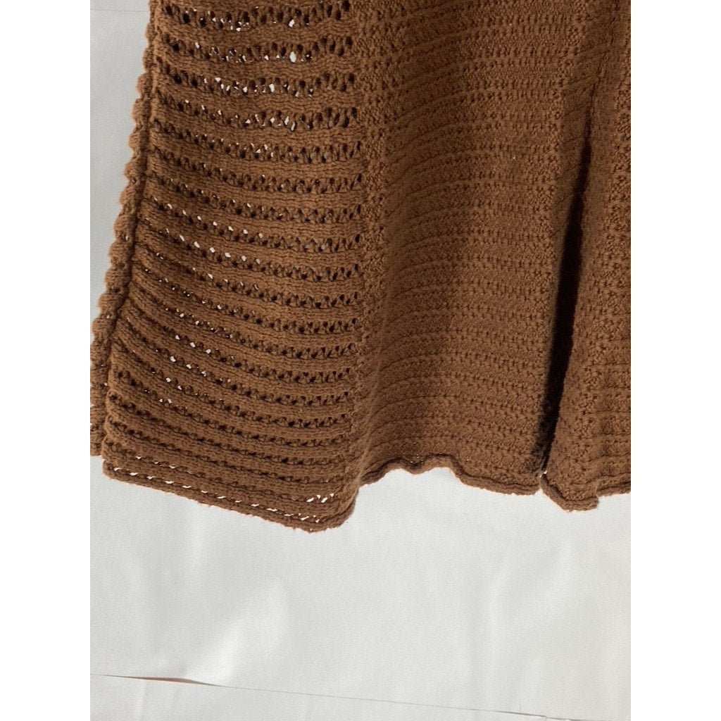 CALVIN KLEIN JEANS Women's Brown Crochet Knit V-Neck Short Sleeve Top SZ M