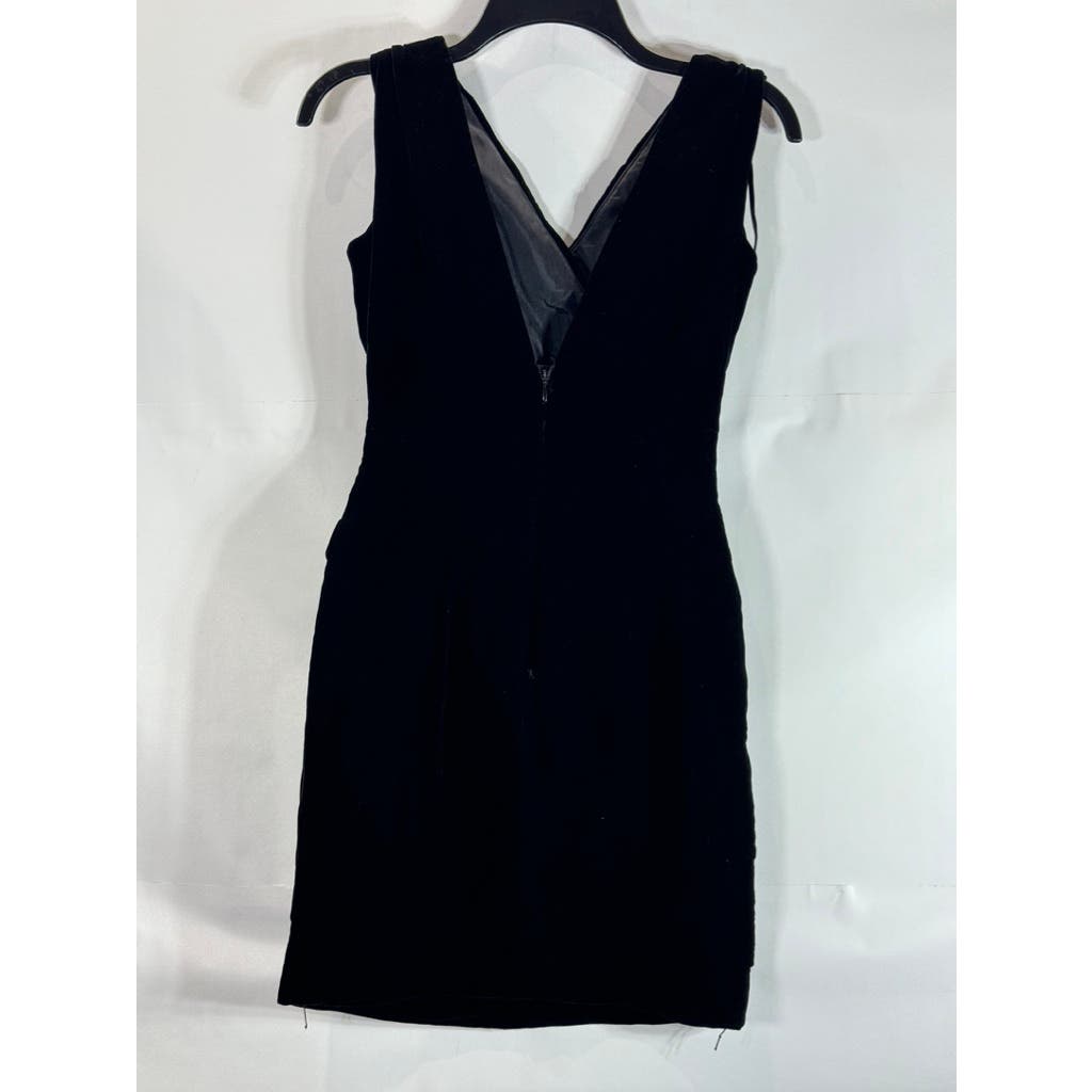 NICOLE MILLER Women's Black Velvet V-Neck Sleeveless Faux-Wrap Mini Dress SZ 4