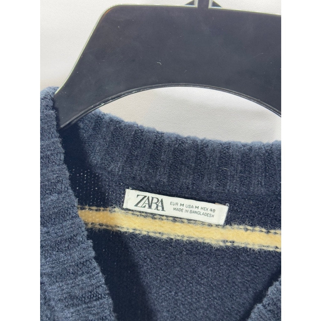 ZARA Men's Navy/Yellow Crewneck Striped Pullover Sweater SZ M