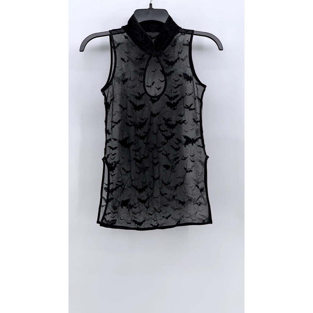 UNBRANDED Women's Black Sheer Bat Print Mock-Neck Sleeveless Top SZ OS