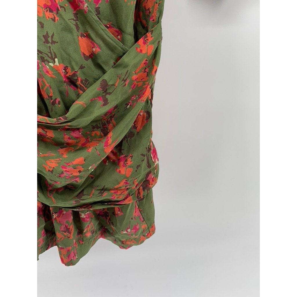 THAKOON ADITION Women's Army Green-Orange Floral 3/4 Sleeve Mini Dress SZ 2