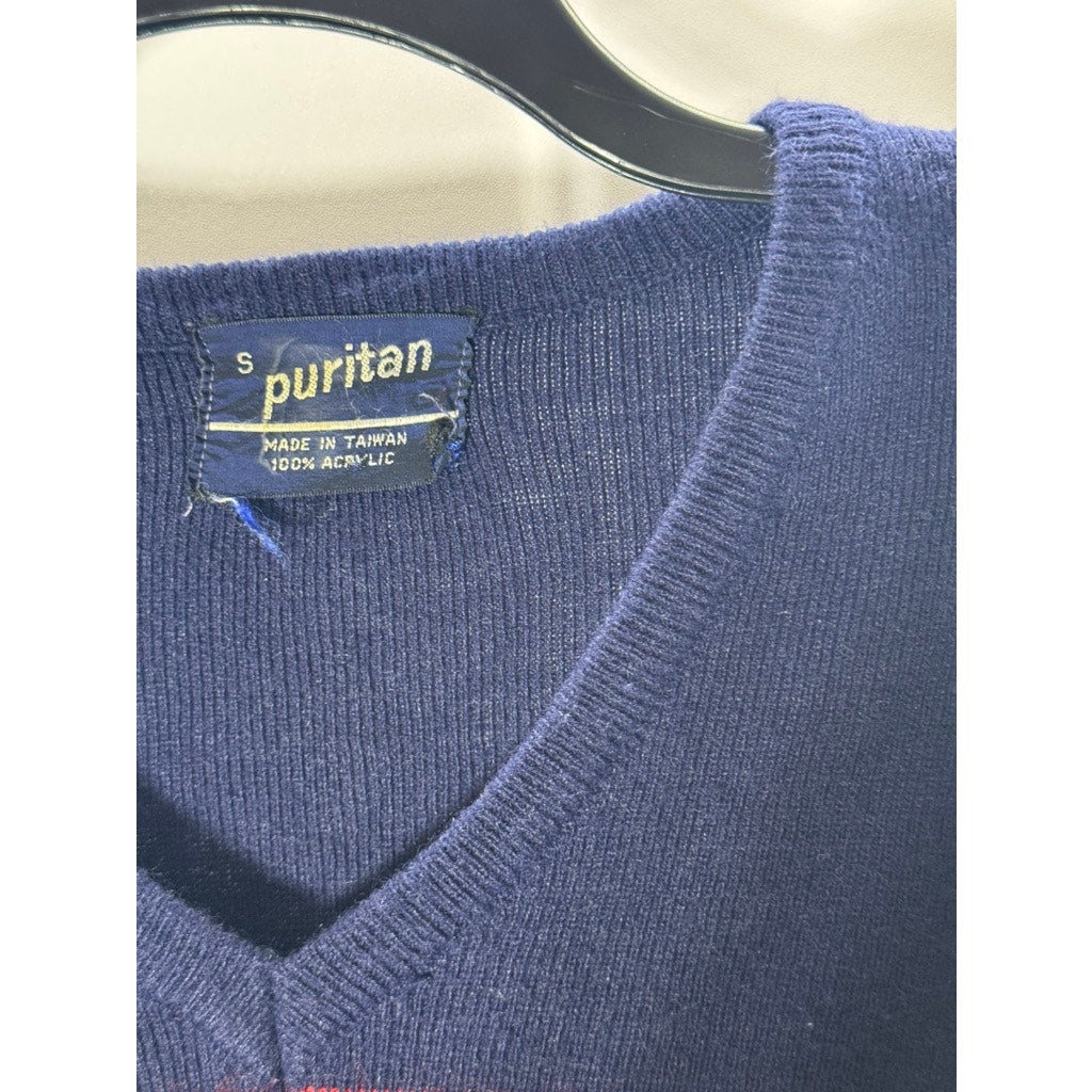 PURITAN Men's Blue/Red Striped V-Neck Regular-Fit Pullover Sweater SZ S