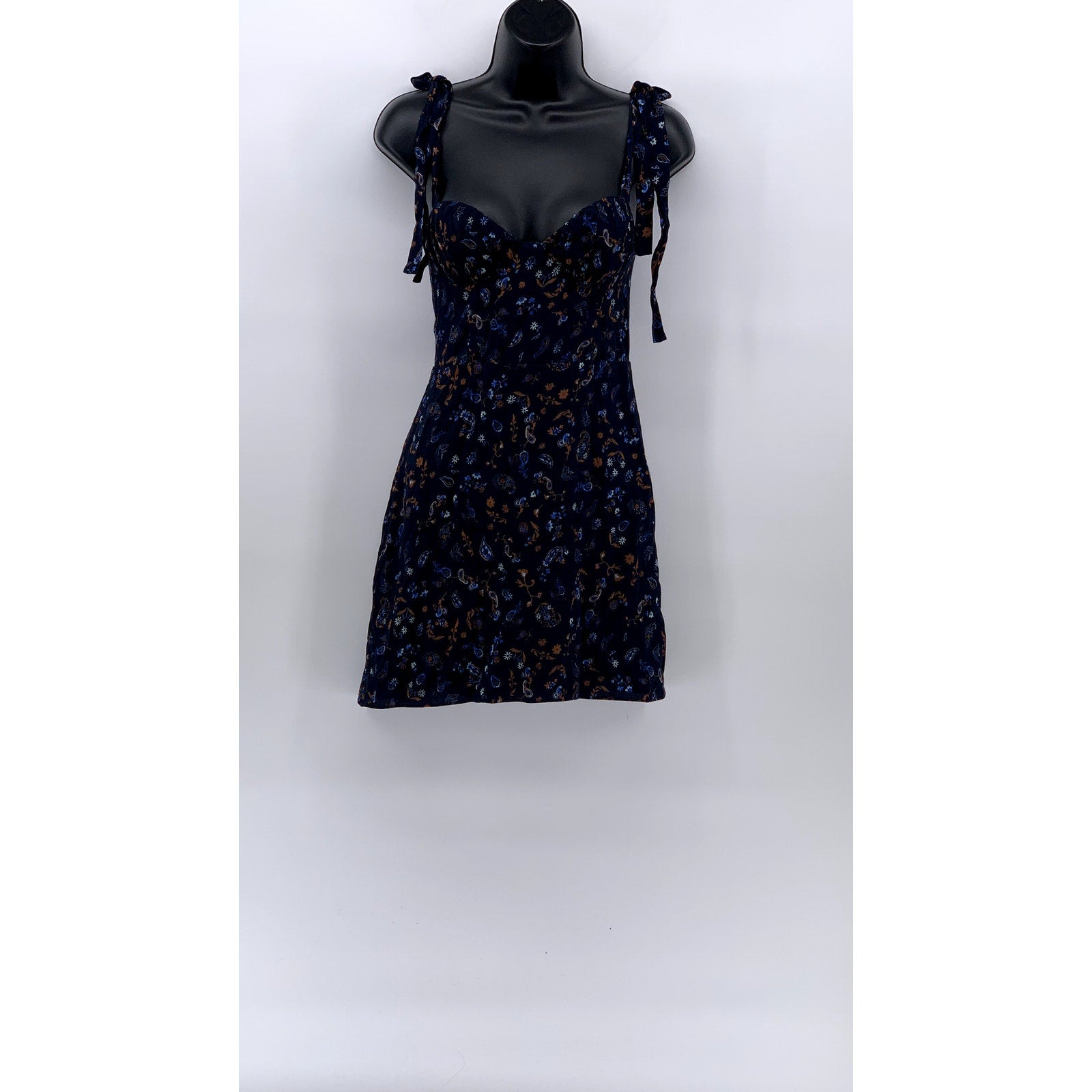 WILFRED Women's Navy Blue Floral V-Neck Tie-Sleeve A-Line Mini Dress SZ XS