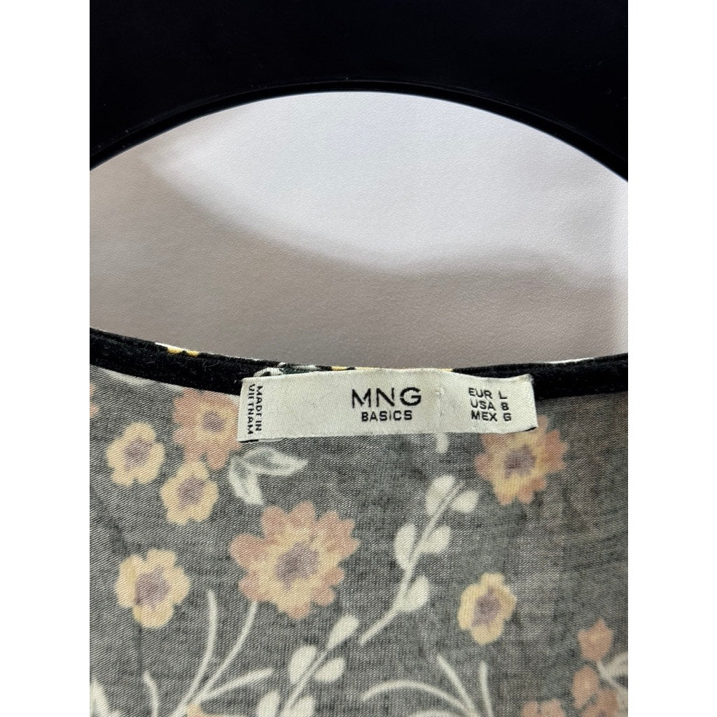 MNG BASICS Women's Black Floral V-Neck Short Sleeve Pullover Mini Dress SZ 8
