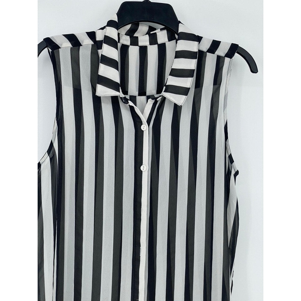 DIVIDED By H&M Women’s Black-Gray Striped Button-Up Collared Tunic Top SZ S