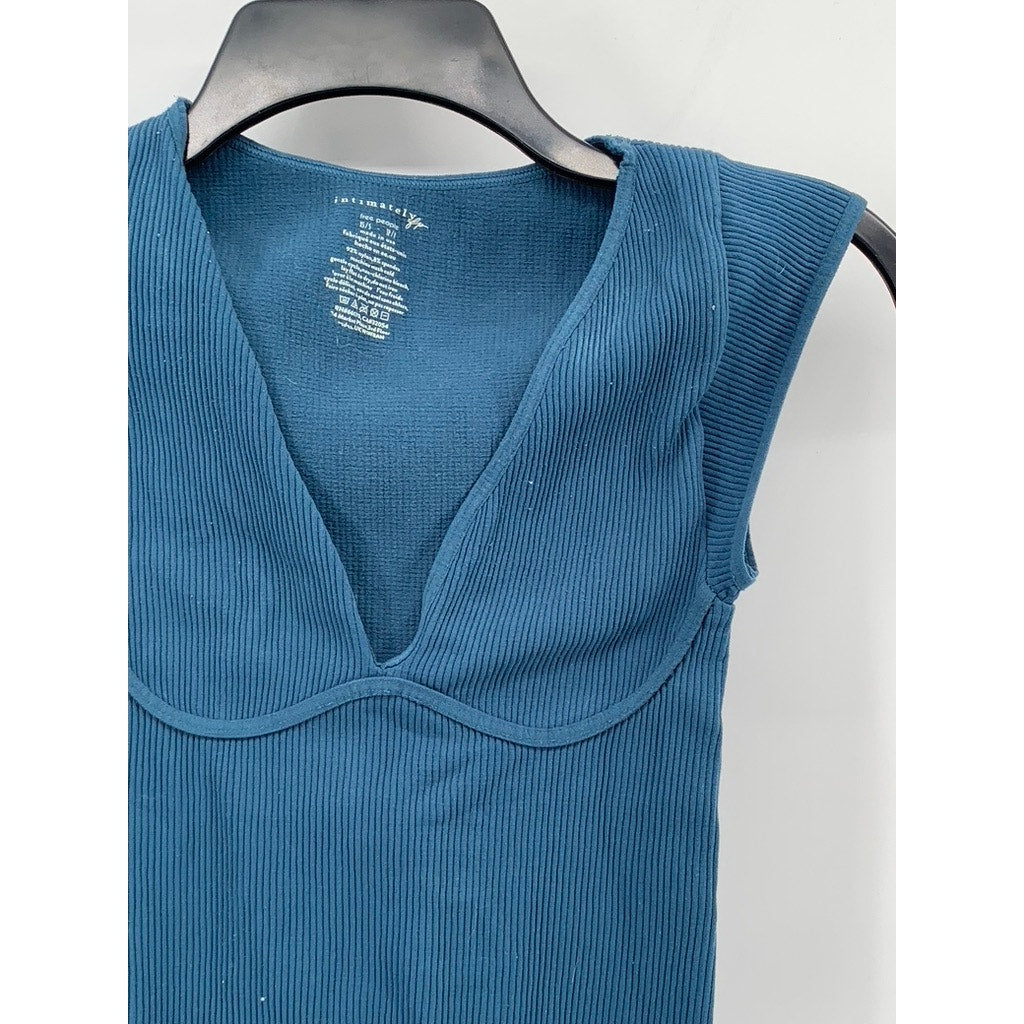 FREE PEOPLE INTIMATELY Women's Blue Ribbed V-Neck Cap Sleeve Bodysuit SZ XS/S
