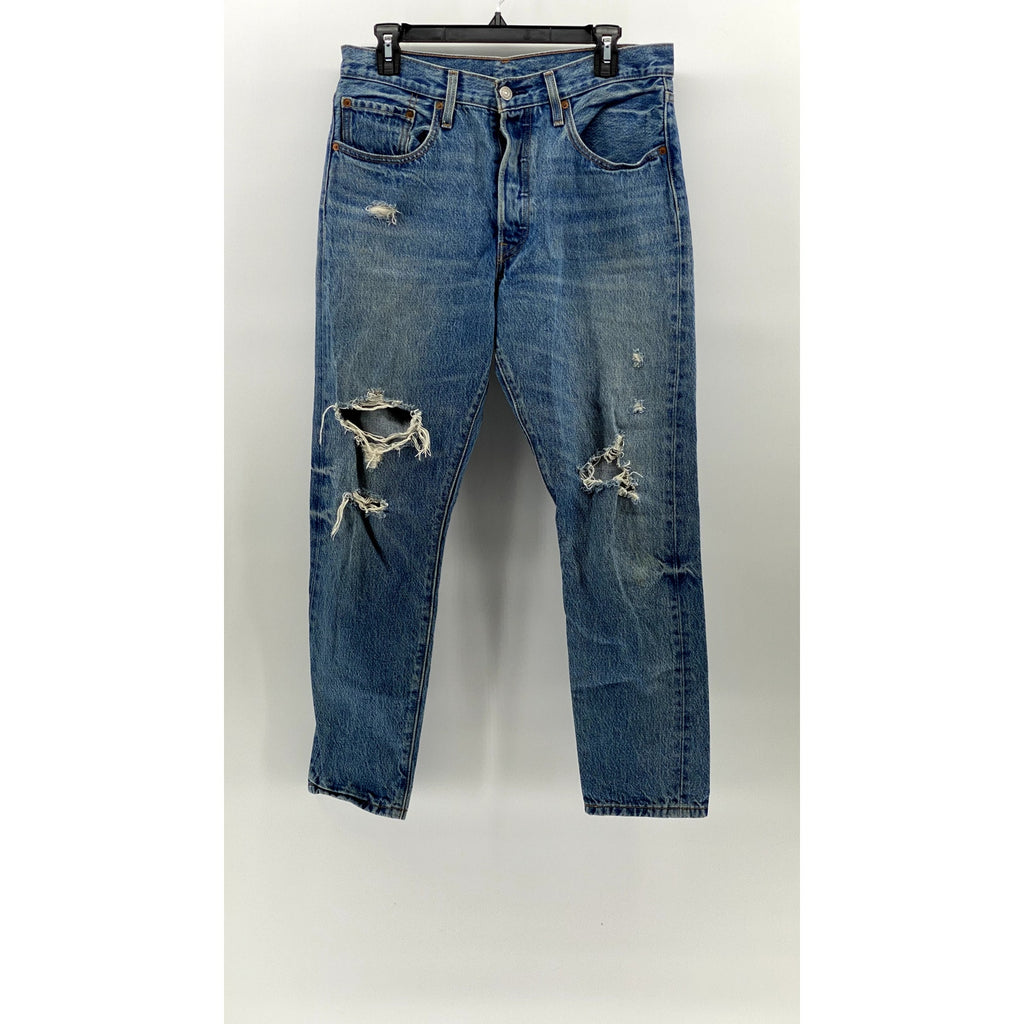 LEVI'S Men's Blue Distressed 501 S Vintage Skinny-Leg Regular-Fit Jeans SZ 30X28