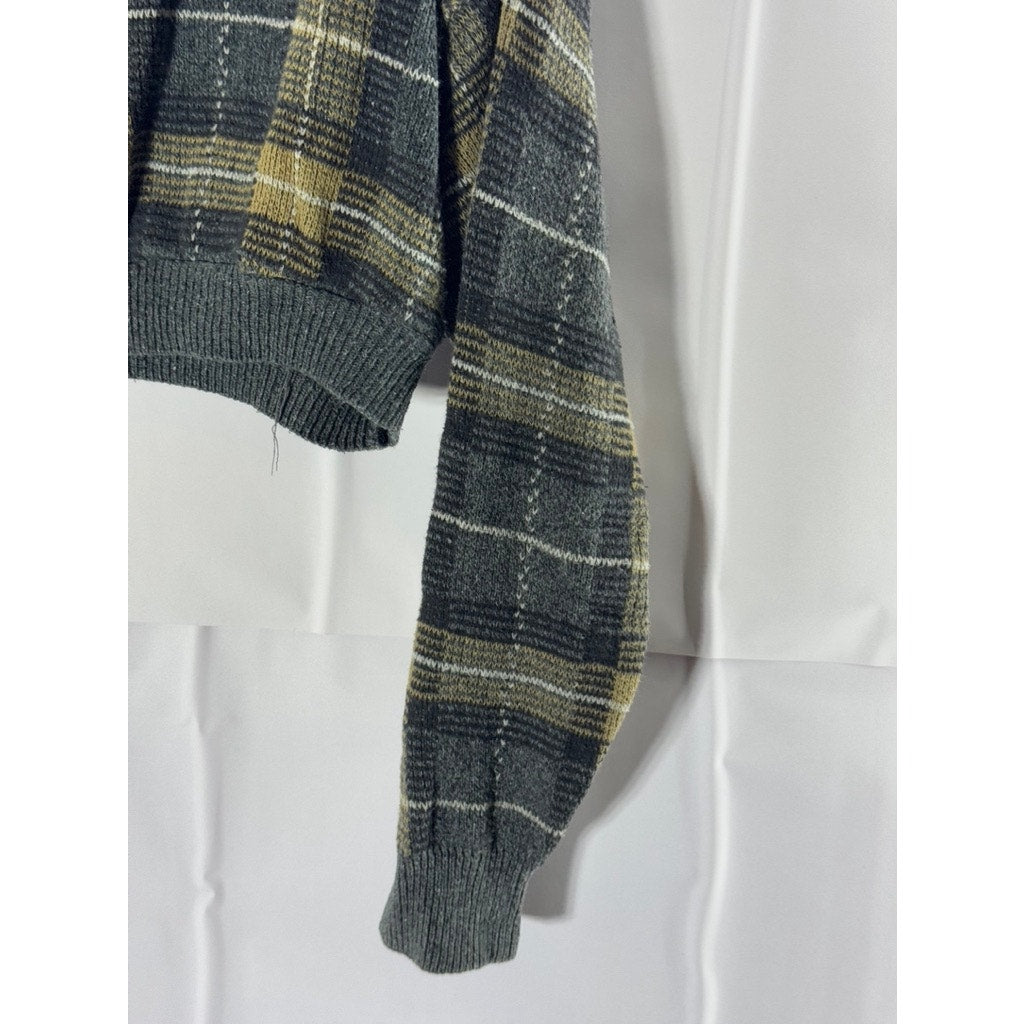 BILL BLASS Women's Blue/Yellow Plaid Crewneck Long Sleeve Cropped Sweater SZ M