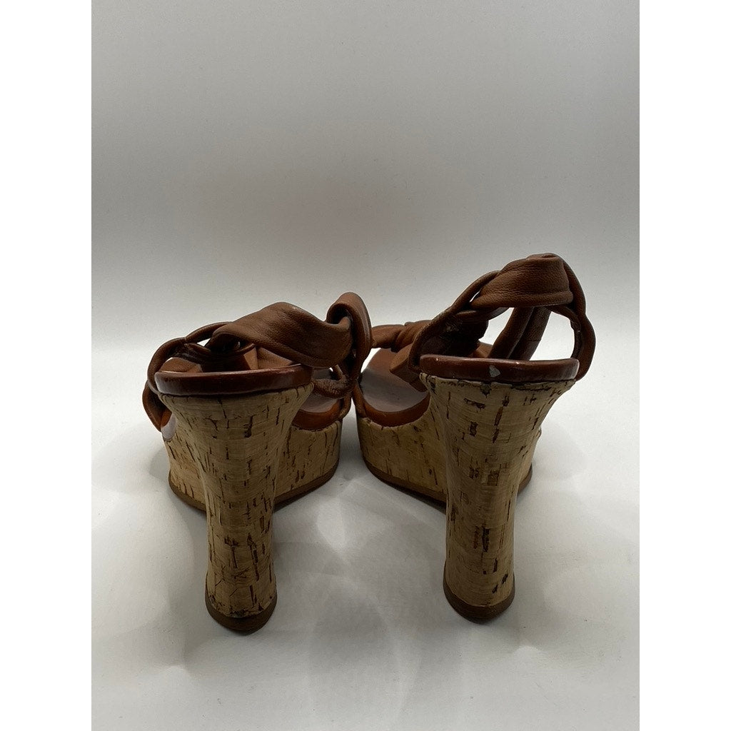 STEVEN BY STEVEN MADDEN Women's Brown Faux Leather Bow Cork Wedge Sandals SZ 7