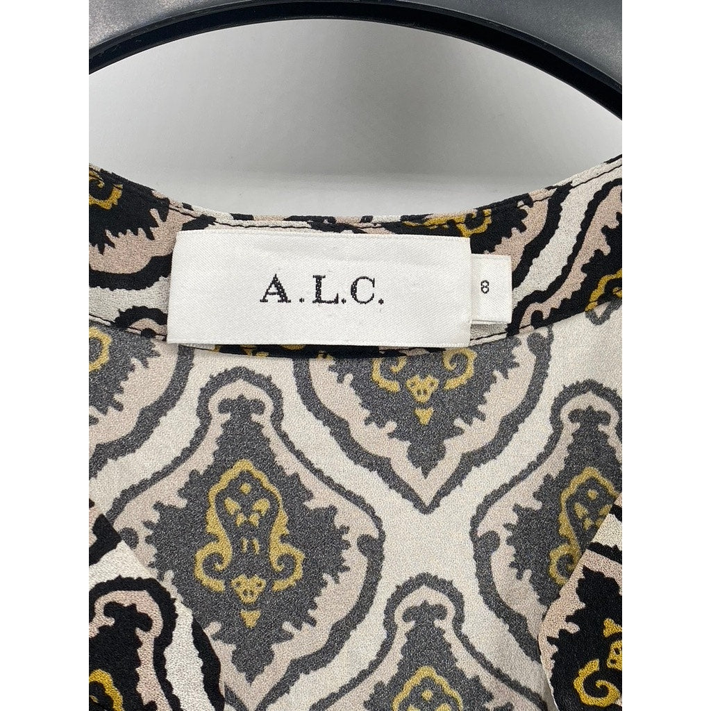 A.L.C Women’s Cream Printed Calder Sleeveless Tie-Waist Mini A-line Dress SZ 8