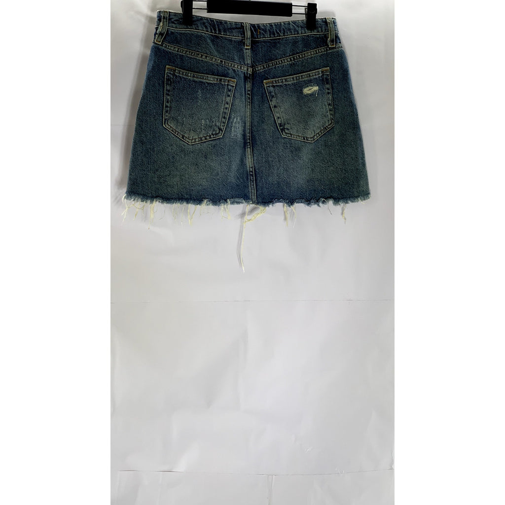 WE THE FREE Women's Blue Denim Distressed Raw-Hem Button-Fly Mini Skirt SZ 28