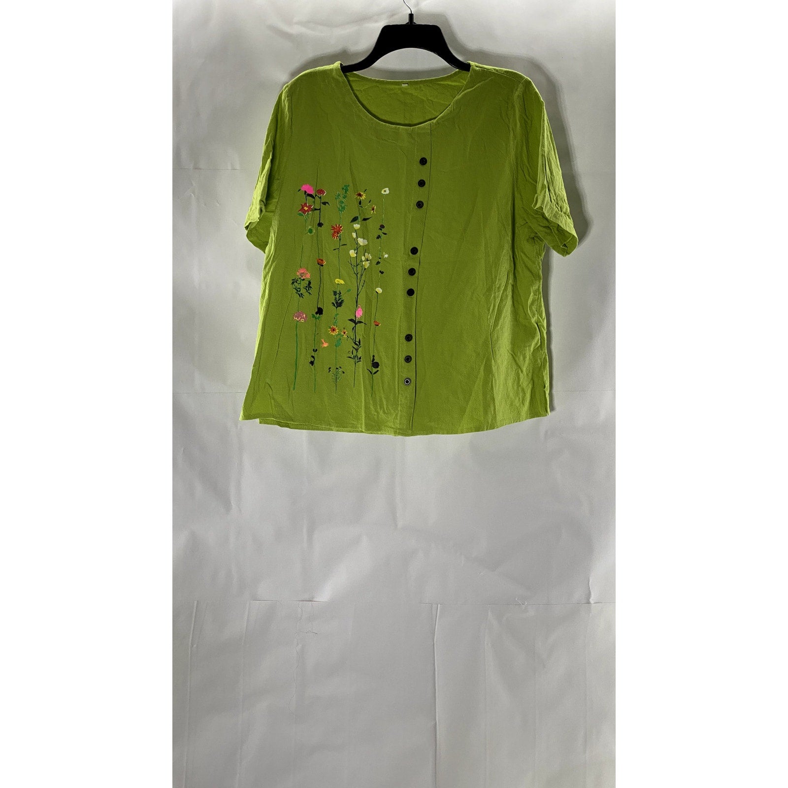 UNBRANDED Women's Lime Green Floral Snap-Button Crewneck Short Sleeve Top SZ 3XL