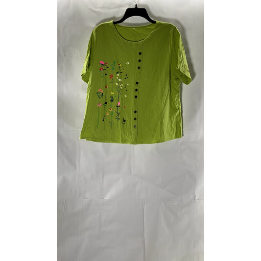 UNBRANDED Women's Lime Green Floral Snap-Button Crewneck Short Sleeve Top SZ 3XL