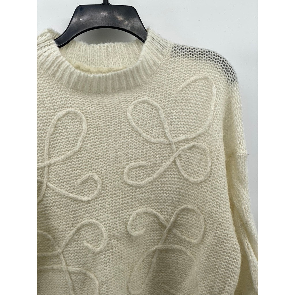 UNBRANDED Women's Cream Knit Drop Shoulder Long Sleeve Crewneck Sweater SZ S