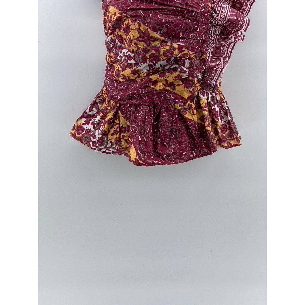 LOVE THE LABEL Women's Red Printed Ruffle One-Shoulder Smocked Top SZ M