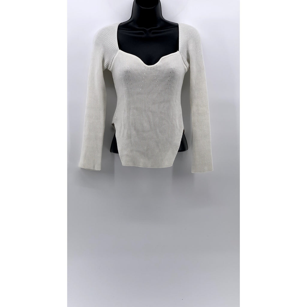 UNBRANDED Women's White Rib Square Hem Slim Fit Long Sleeve V-Neck Top SZ S
