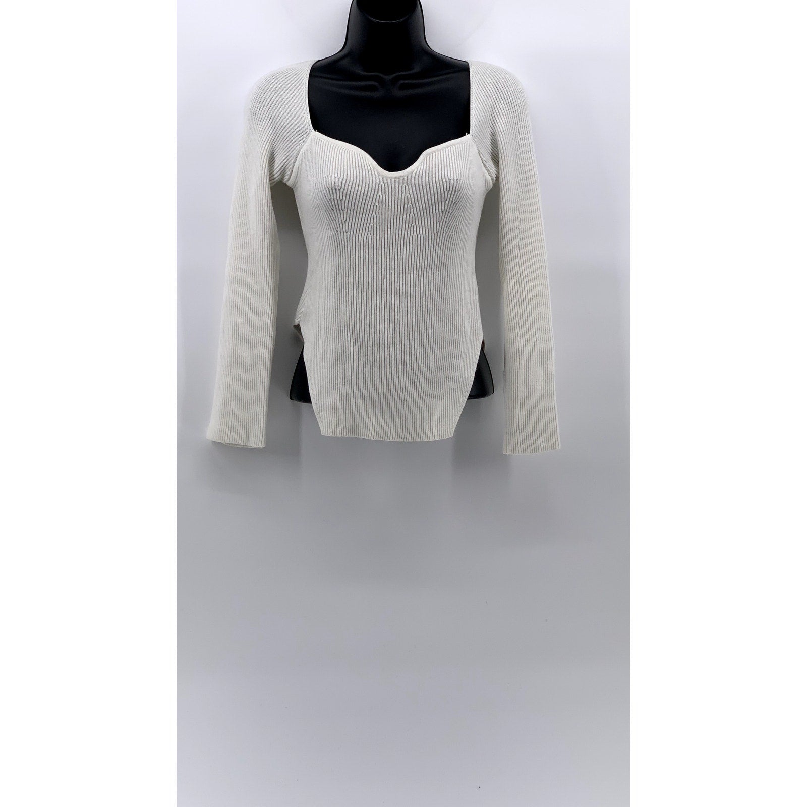 UNBRANDED Women's White Rib Square Hem Slim Fit Long Sleeve V-Neck Top SZ S